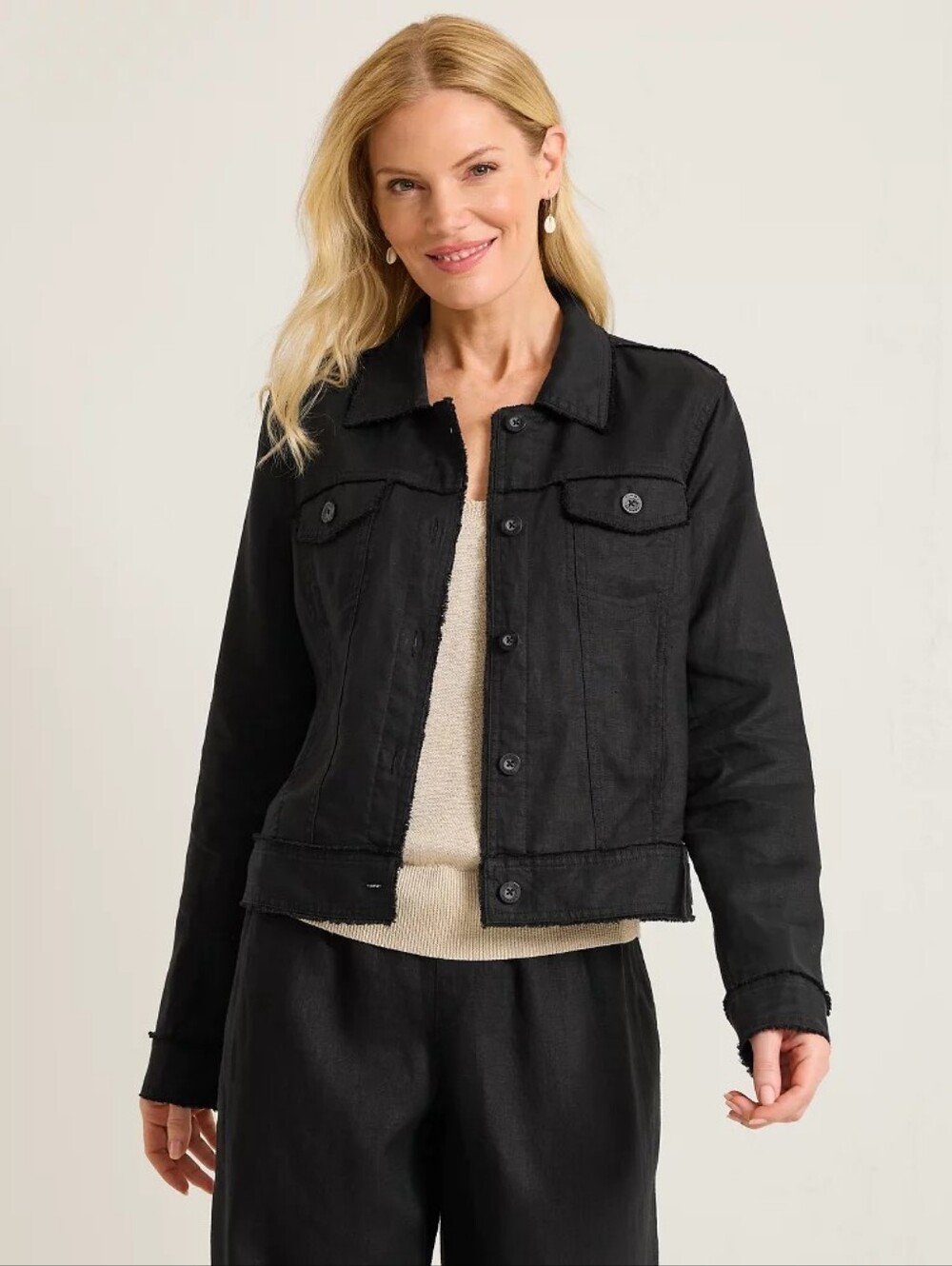 Tommy Bahama Women's Two Palms 100% Linen Raw-Edge Jacket Black Size Small